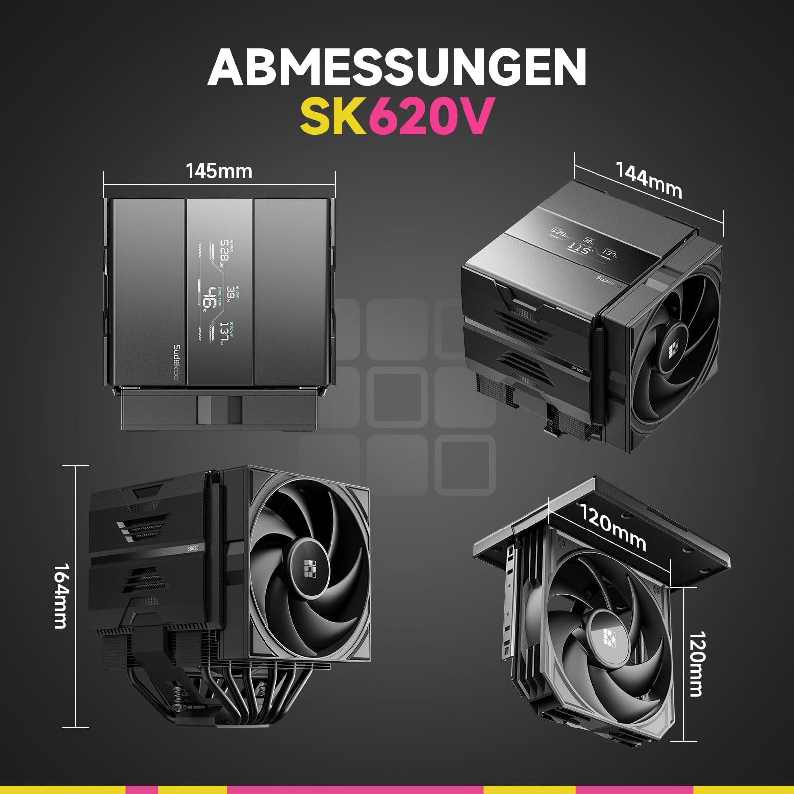 Sudokoo SK620V CPU Kühler AM5: CPU Cooler mit Digital Display, AM5 Exklusiv, Prozessorlüfter mit 2 x 120mm PWM FDB PC Lüfter, 6 Heatpipes, Dual Tower, Werkzeuglose Lüftermontage, Einfache Montage