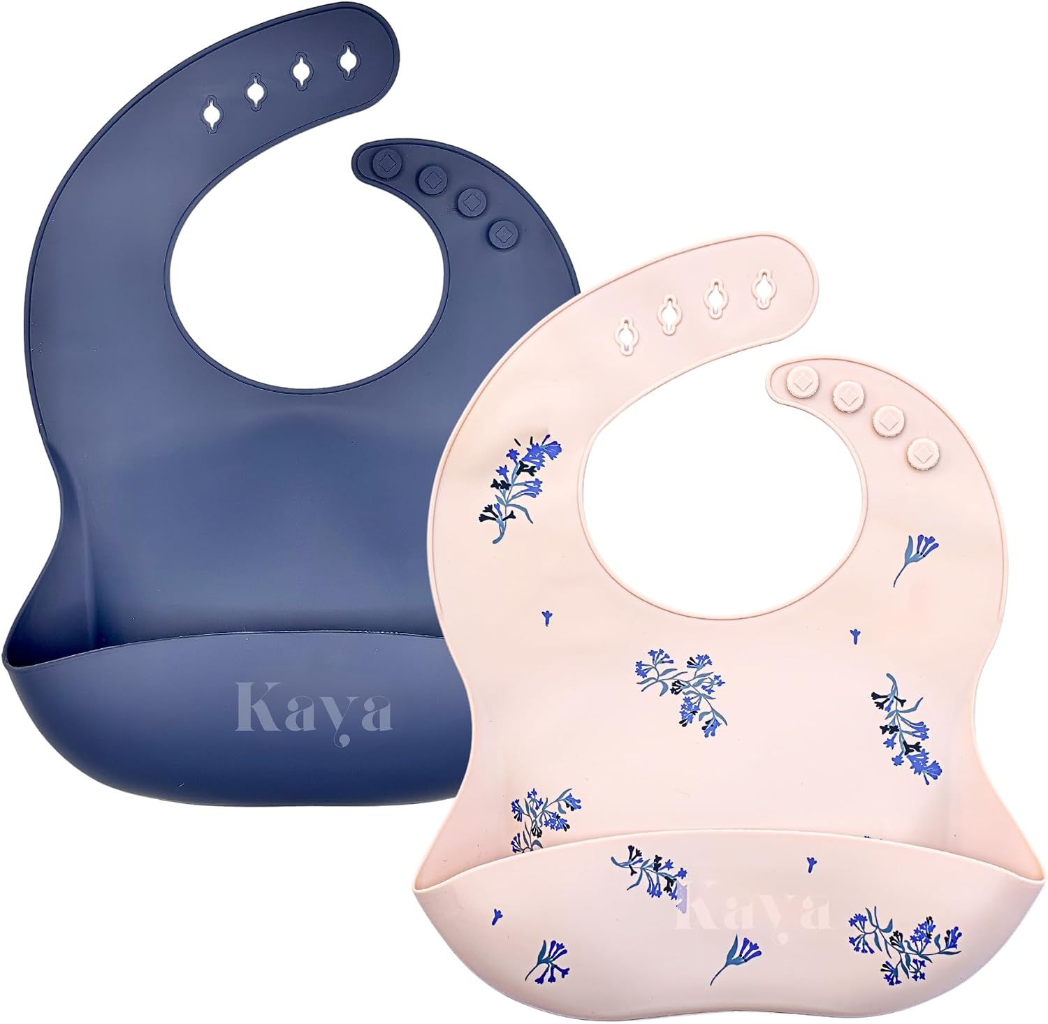 Kaya Silicone Baby Bib Pack of 2, BPA-Free Waterproof Food Catcher, Adjustable Neck, Dishwasher Safe, Babies and Toddlers