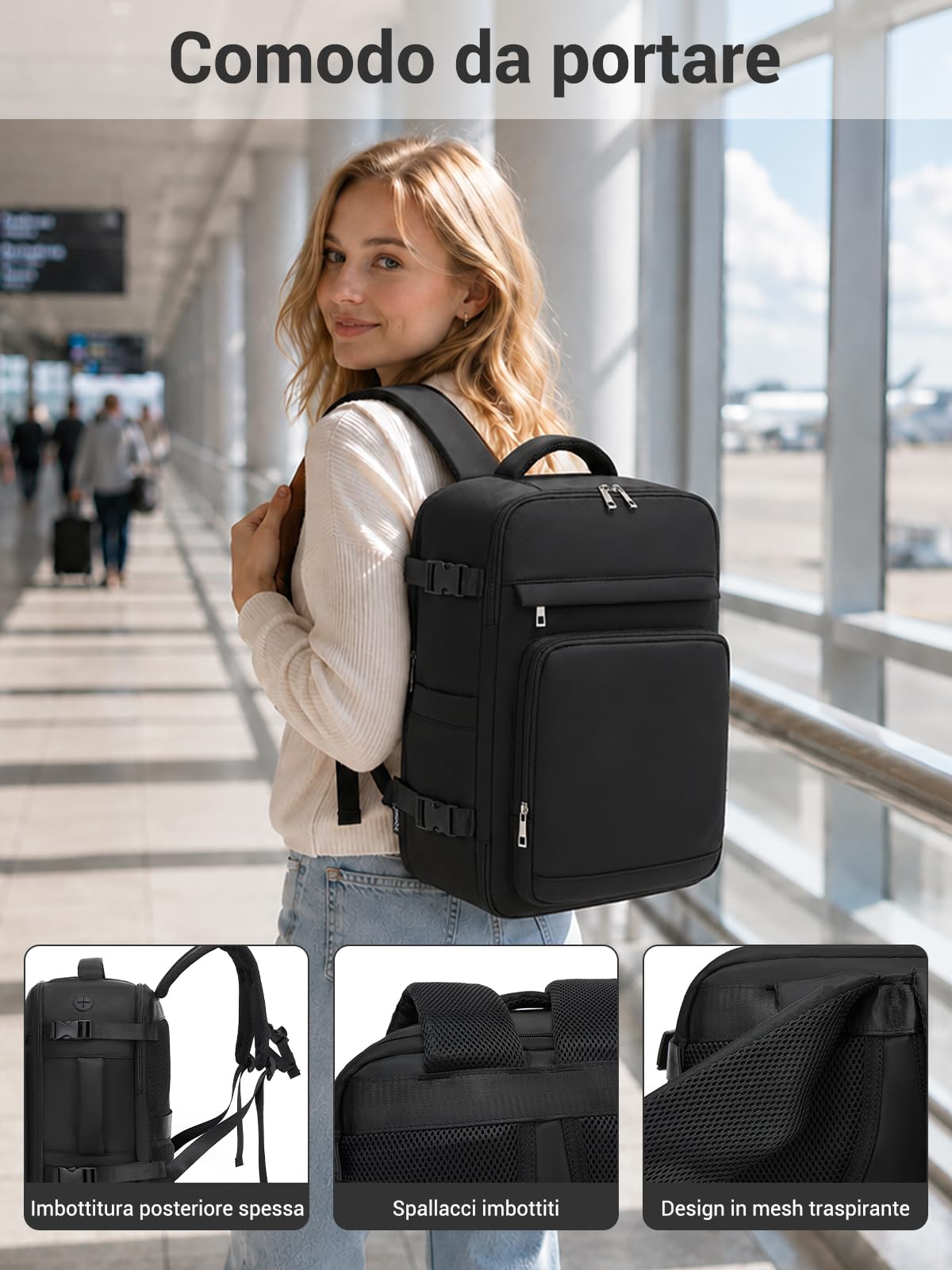 KONO Zaino 40x30x20 Ryanair 24L, Bagaglio a Mano Porta PC 15,6", Nero | Apertura 180°, Tasca Umida, Foro Passacavo, Schienale Traspirante e Tessuto Idrorepellente, Ideale per Viaggi Brevi e Lavoro