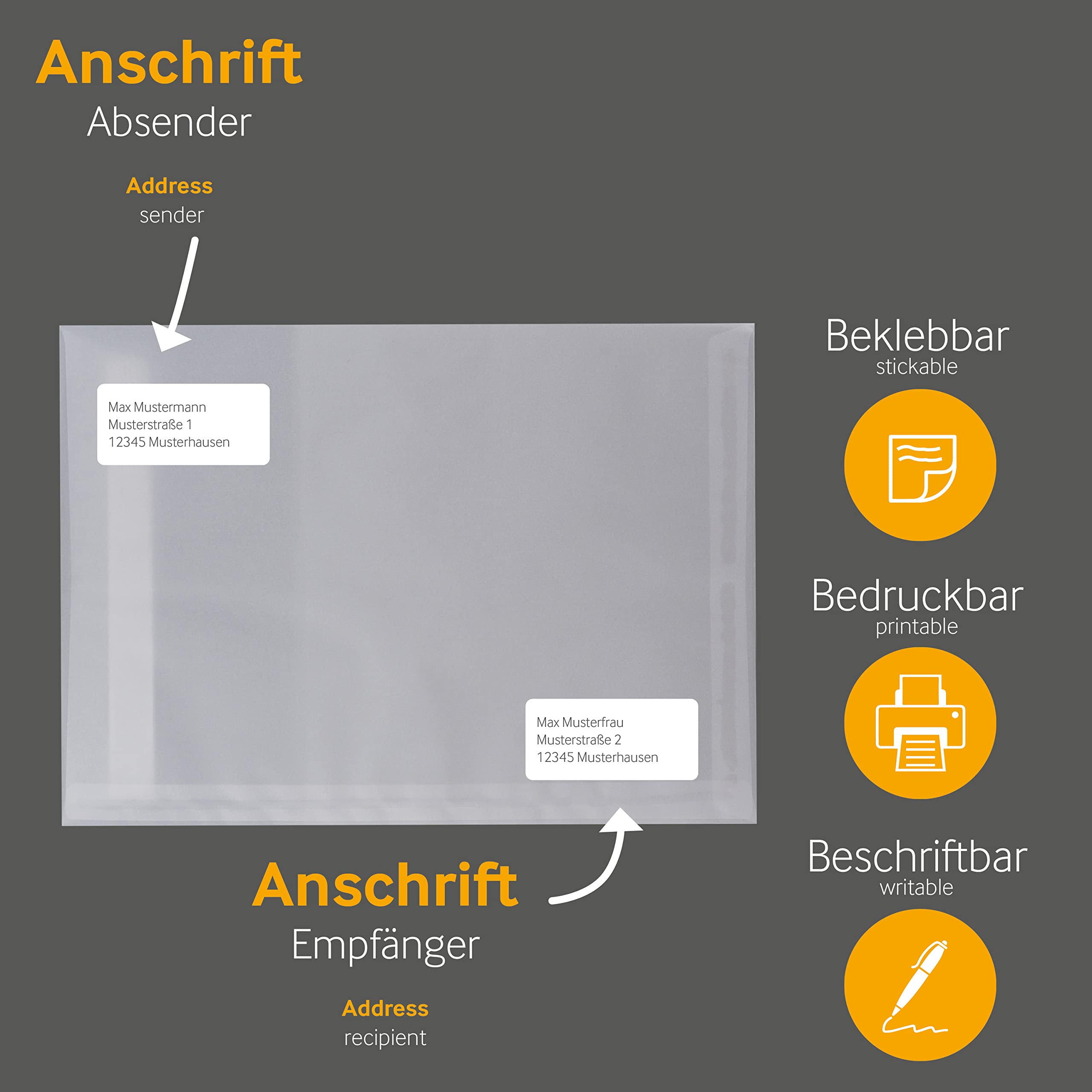 250 Stück, Transparent-Versandtaschen, DIN C4, Haftklebung mit Abziehstreifen, Gerade Klappe, 100 g/qm Offset, Ohne Fenster, Weiß (Transparent-Weiß), Blanke Briefhüllen