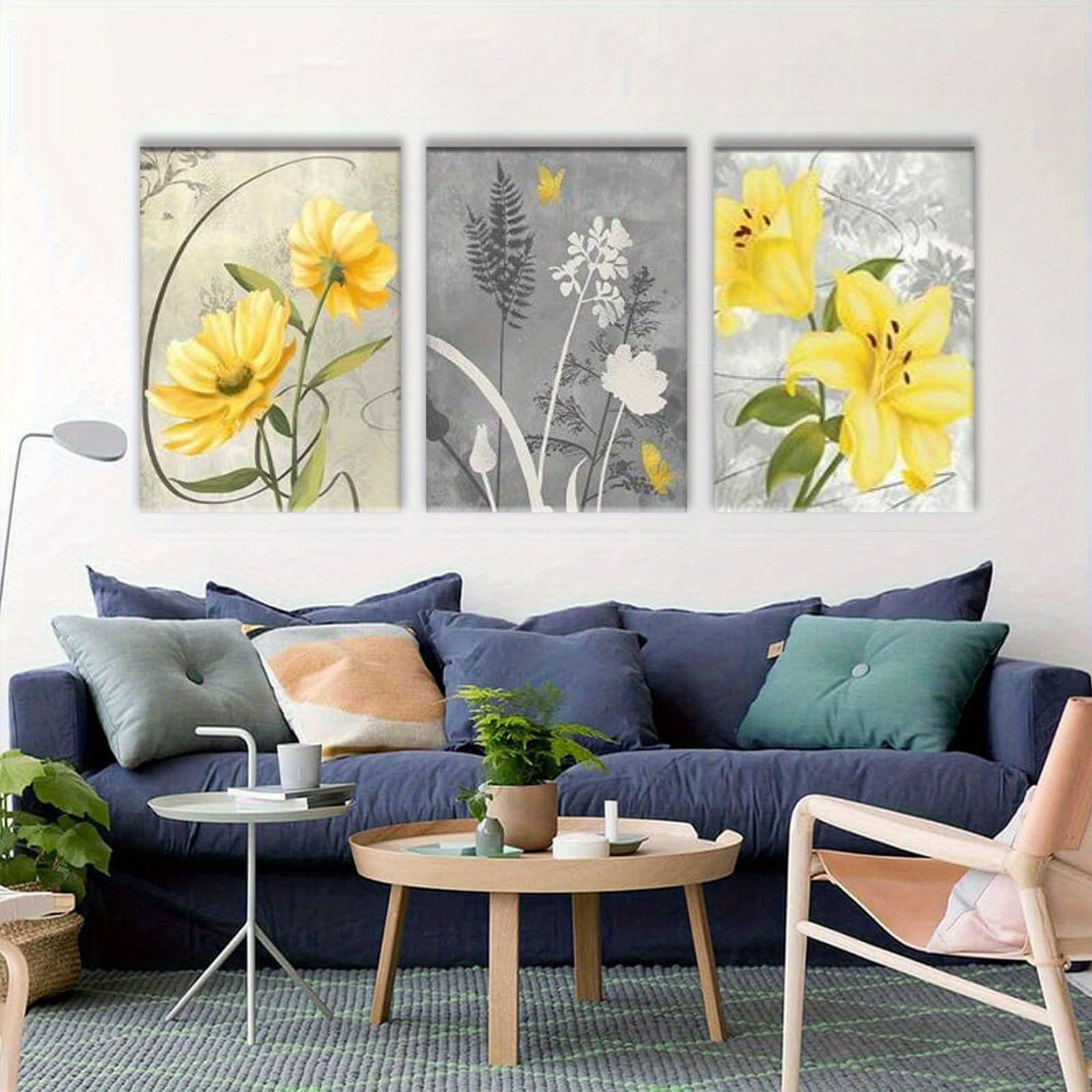 EGJEPWFH Yellow Floral Vintage Flower Canvas, Minimalist Floral Abstract Canvas Print Aesthetic Botanical Home Wall Hanging Art(50x70cmx3/NO frame)