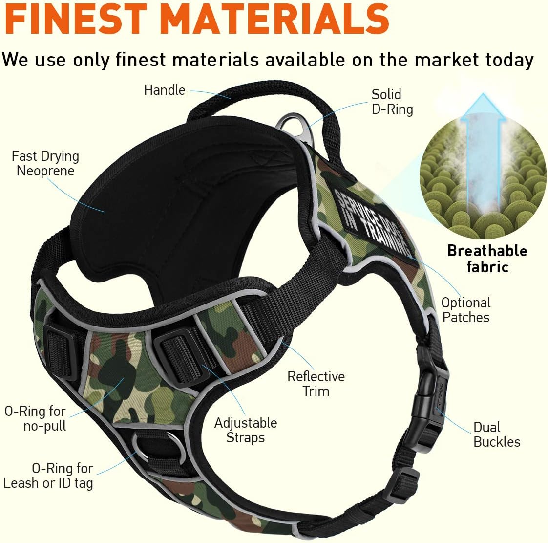 Dogline Quest No-Pull Dog Harness with Service Dog in Training Reflective Removable Patches Soft Comfortable Dog Vest with Quick Release Dual Buckles Black Hardware and Handle 18 to 22 in Green Camo