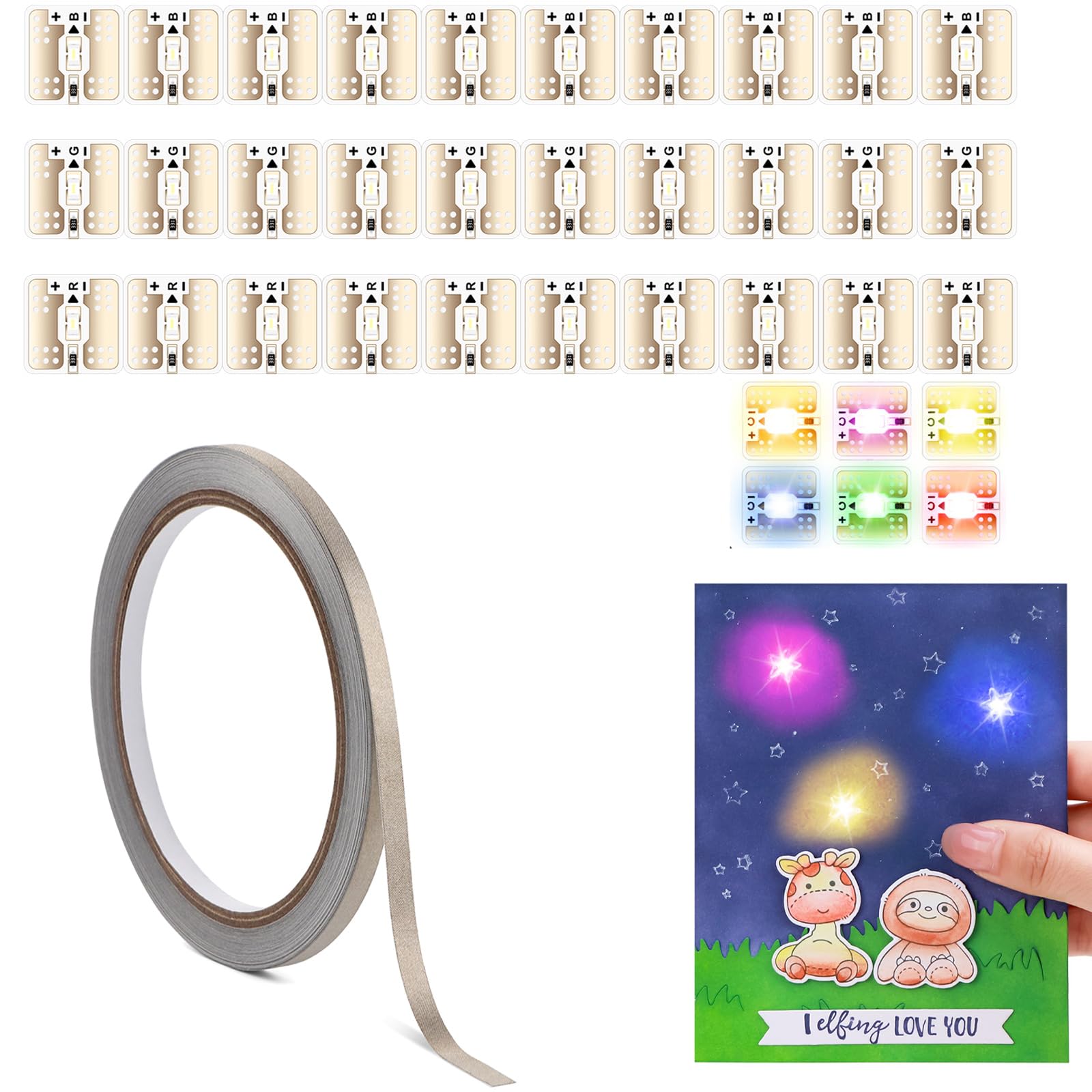 30 Pcs LED Circuit Stickers for Making Light-Up Cards, Aninating Rainbow Blink LED Light Craft Kit with Conductive Fabric Tape for Making Light-Up Interactive Cards, Add Lights to Special Cards