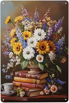 Vintage Metal Tin Sign,Colorful Bouquet On A Book,Romantic Literary Art Plaque,Tinplate That Is Easy To Hang Indoors And Outdoors,Practical Decorative Items 6x8 Inches