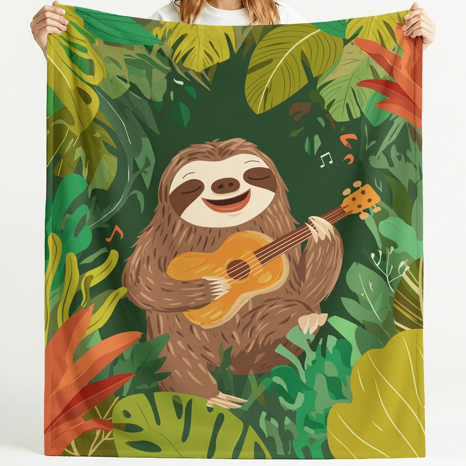 Generisch Kuscheldecke Fleecedecke Decke Cartoon Musik Faultier Grün Gitarre Braun Tier Natürlich 180cm x 200cm Wohndecken Flauschig Überwurf Mikrofaser Tagesdecke Sofadecke für Schlafzimmer