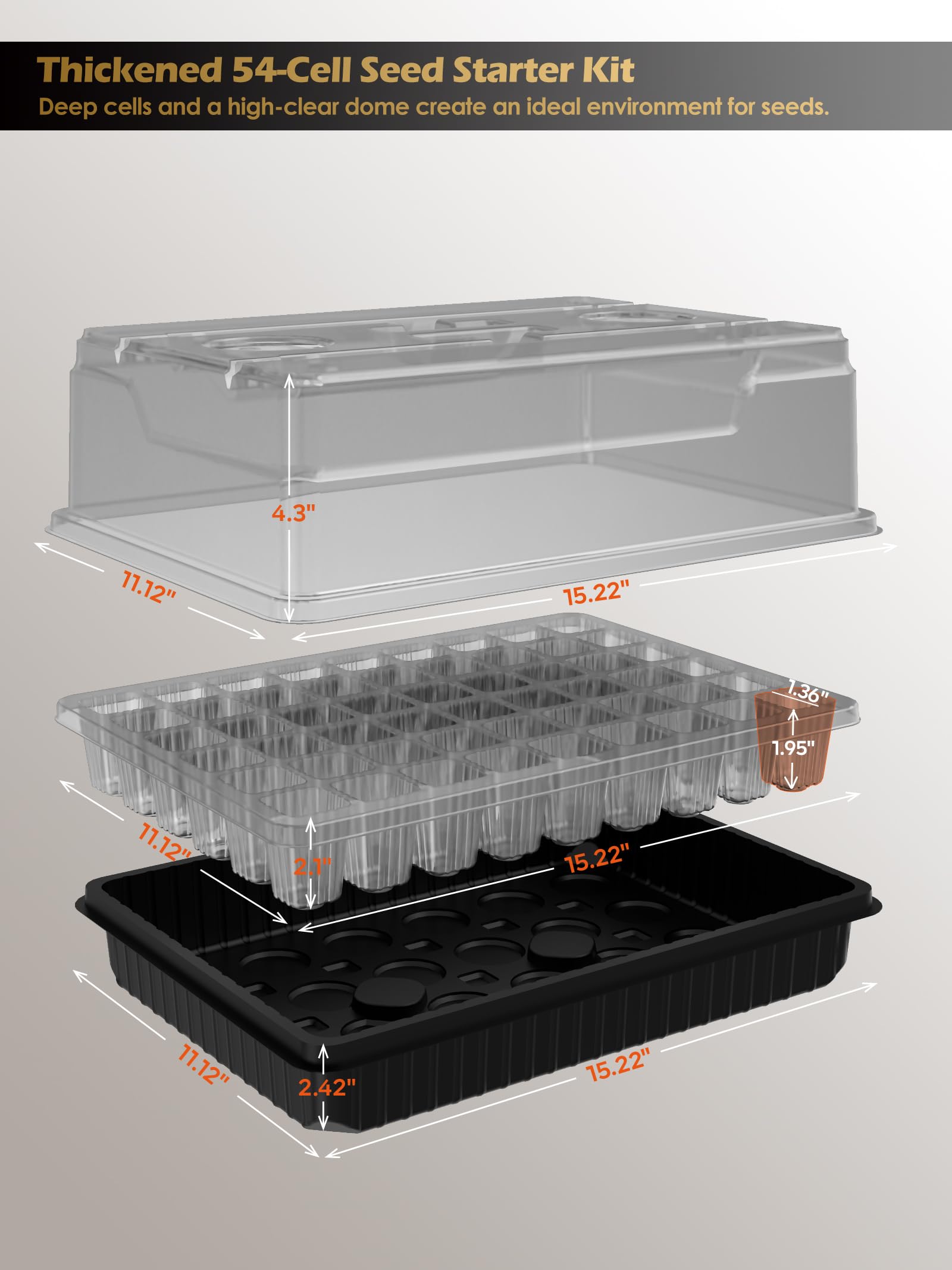 GLOWRIUM Bandeja de inicio de semillas con luz de crecimiento de espectro completo, kit de inicio de semillas de 54 celdas con cúpula de humedad, temporizador automático de 6 ajustes, brillo ajustable