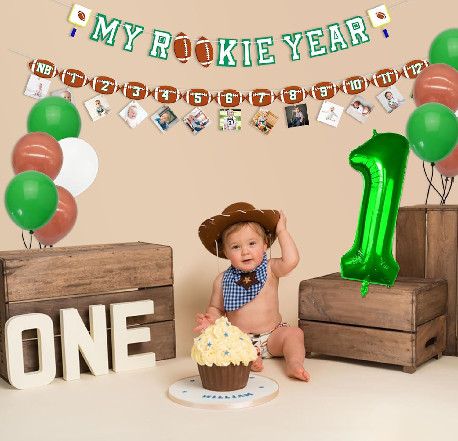 First Year Down Football Birthday Party Supplies Decorations, My Rookie Year Banner, First Year Photo Banner and 33 Pcs Balloons for 1st Year Down Football Birthday Party, Baby Shower