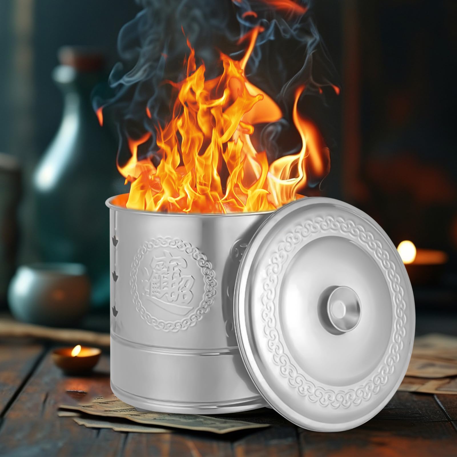 Bruciacarta Inceneritore A Barile Rituale Tradizionale Propiziatorio | Inceneritore per Soldi di Carta in Acciaio Per Foglie, Legna, Rifiuti, Offerte Per Antenati, Cerimonie Funebri, Giardino,