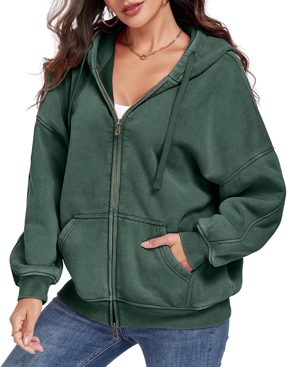 WOWULOVELY Womens and Mens Zip Up Hoodies Acid Wash Long Sleeve Oversized Sweatshirts Distressed Fleece Jacket with Pockets - Image 2