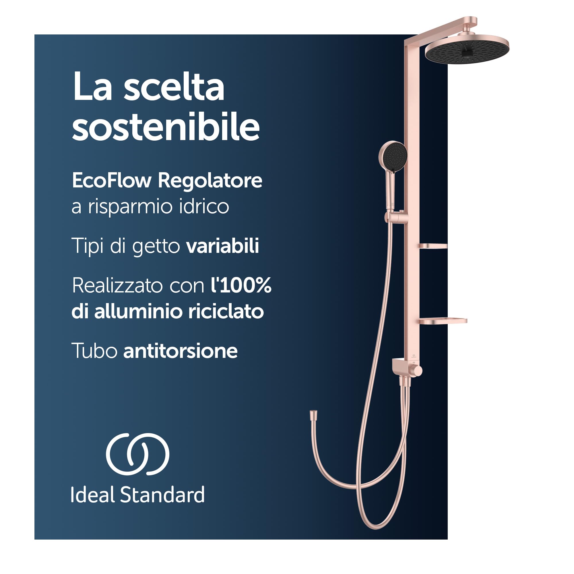 Ideal Standard Ceratwist Alu+ Colonna doccia, Realizzata con l'100% di alluminio riciclato, doccia a risparmio idrico con tipi di getto variabili – Rosé (338x501x1104 mm)