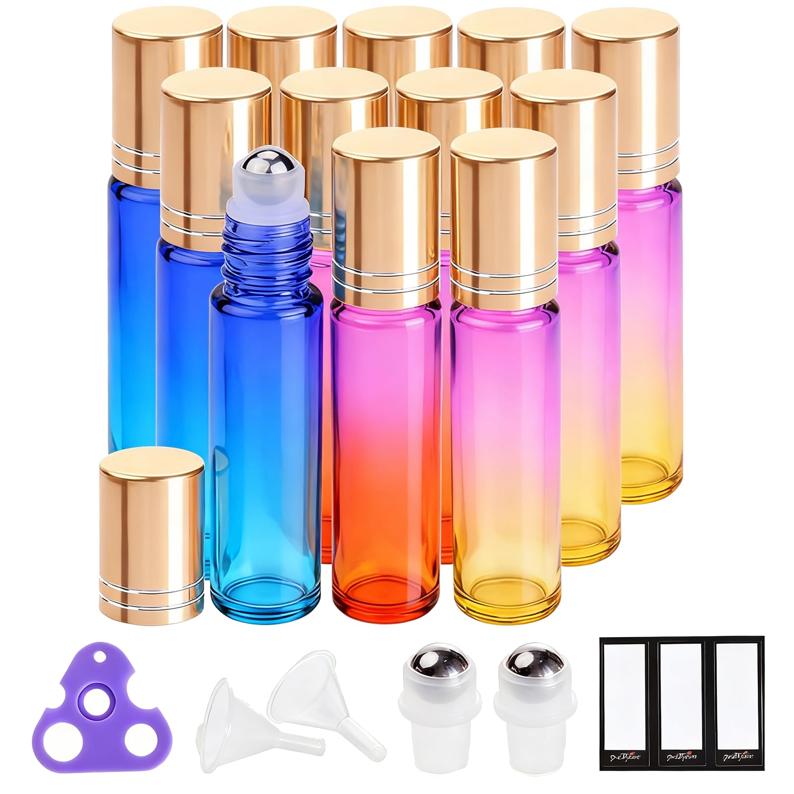 PrettyCare 12 Pack, 10 ml Essential Oil Roller Bottles with Stainless Steel Roller Ball - Refillable Leak-proof Empty Thick Rainbow Glass Roll on Bottles with Metal Caps for Travel, Perfume
