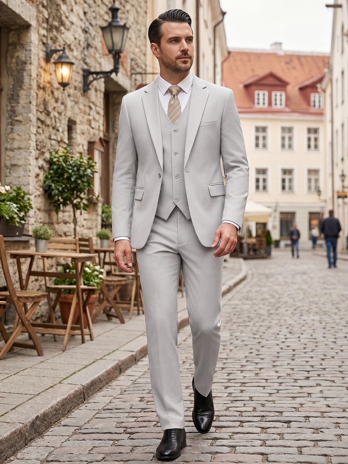 Traje Hombre 3 Piezas Slim Fit Un Botón Traje Ajustado Elegante Chaqueta Chaleco Pantalón para Negocios y Bodas