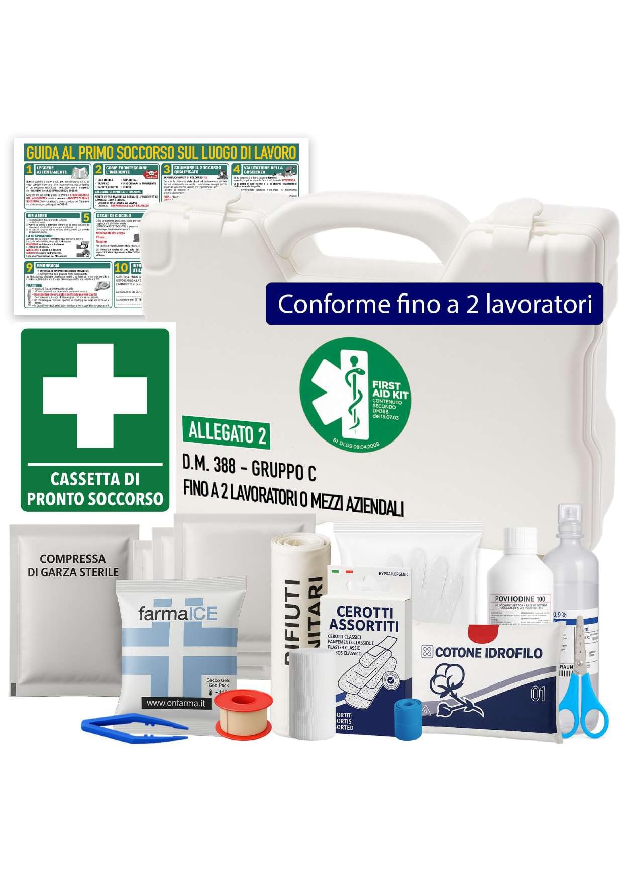 ONFARMA FARMA3 BIANCA Cassetta pronto soccorso COMPLETA DI CARTELLO PRIMO SOCCORSO conforme DM 388 allegato 2 per aziende fino a 2 lavoratori e mezzi aziendali