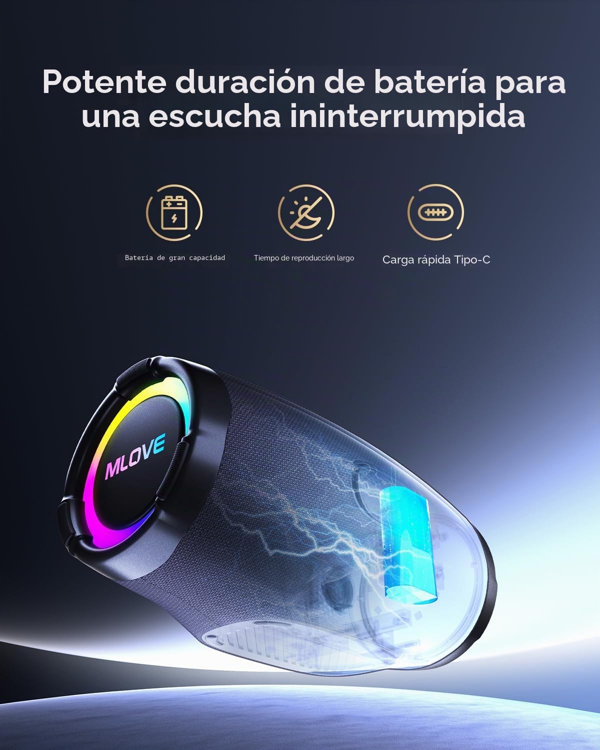 MLOVE E90 Altavoz Portátil Bluetooth Inalámbrico Impermeable RGB LED Luz True Wireless Stereo, Bluetooth 5.4, Micro-SD, Memoria USB, Jack 3,5mm, Carga Type C, Negro