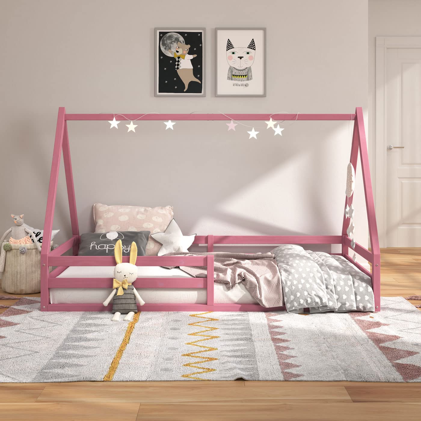 IDIMEX Cama Montessoriana Madeira Maciça Casa Estrado Sila cor Rosa