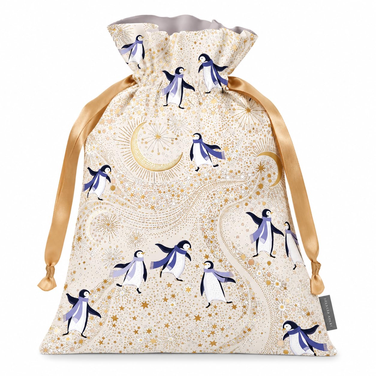 Sara Miller Christmas Penguin Drawstring Gift Bag - Reusable Festive Fabric Present Sack with Gold Celestial Design and Satin Ribbon Ties