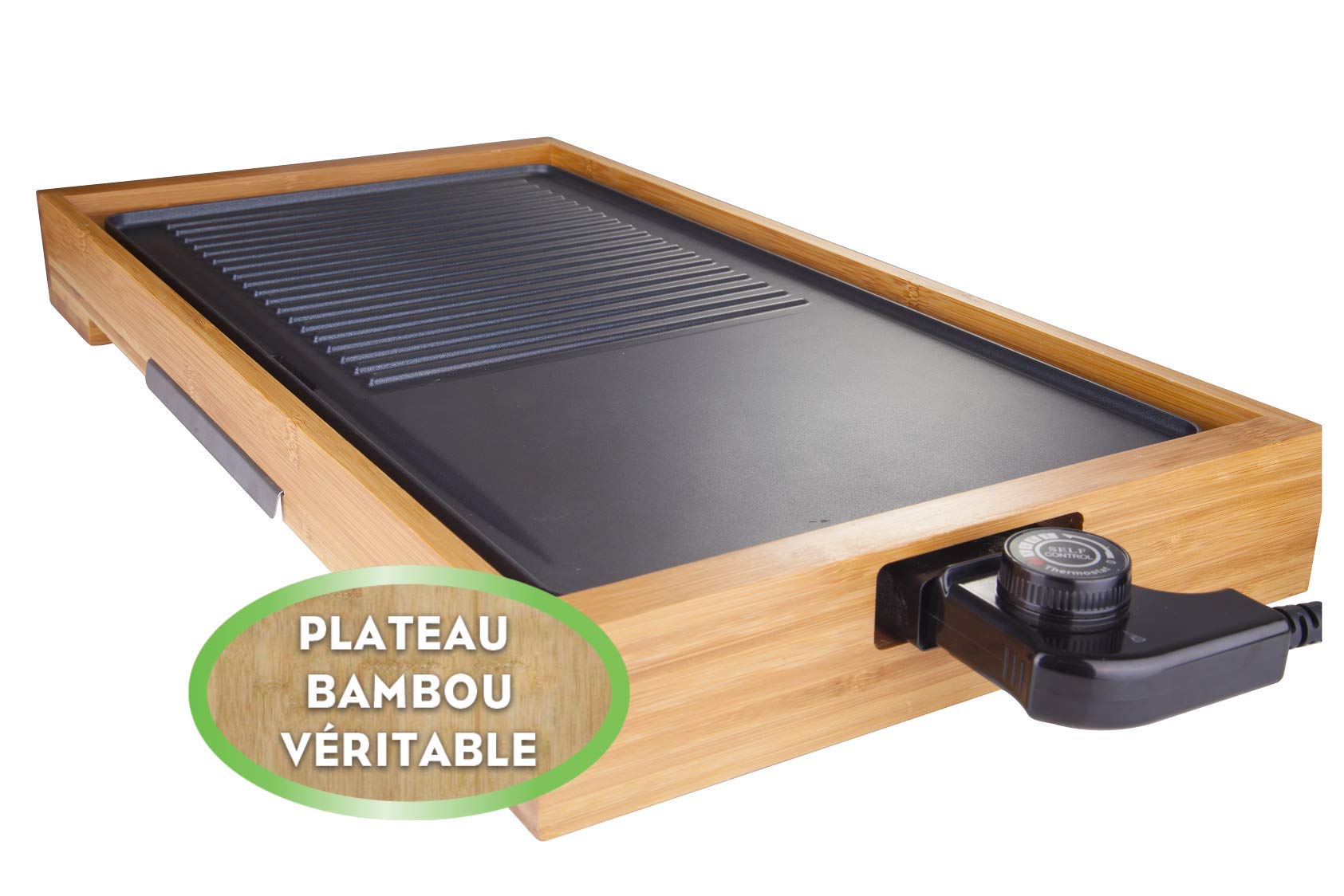 LITTLE BALANCE Happy Plancha Bambù 8280 - Piastra elettrica 2 in 1: Piastra e Grill - 1 singola teglia - Tutti i tipi di alimenti - Potenza 2200 W - Bambù genuino