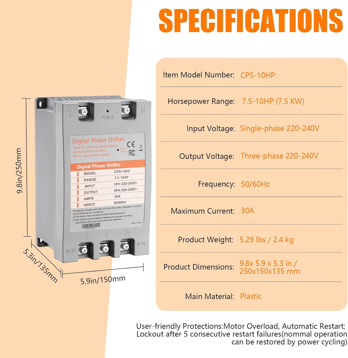 Single Phase to 3 Phase Converter，10HP 220V 3 Phase Converter，220V-240V Input/Output Digital Phase Shift for 10HP Motor