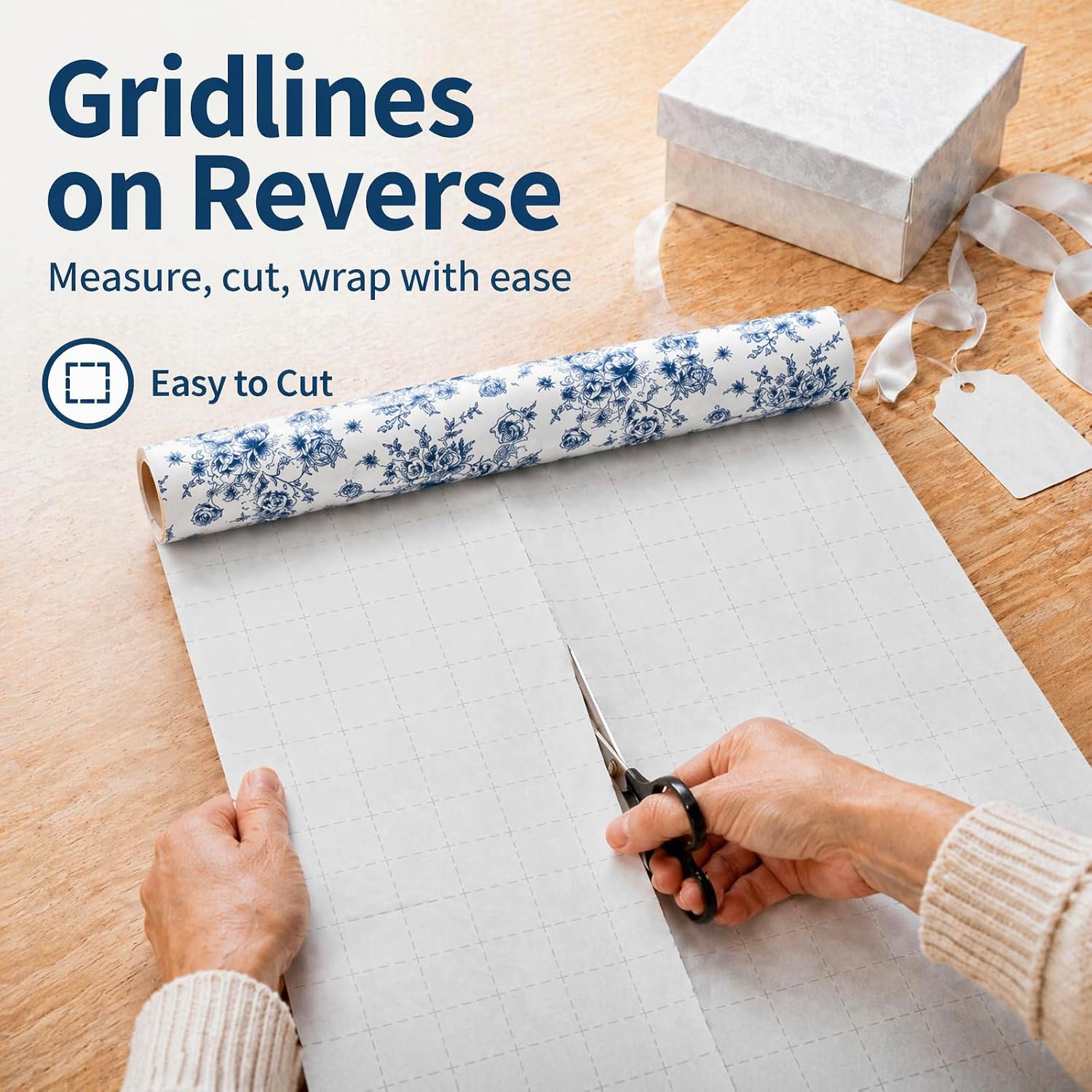 Ulmasinn Blue Floral Wrapping Paper Roll, Vintage Toile Gift Wrap with Grid Cutting Lines, 17in x 33ft Elegant Blue and White Wrapping Paper for Birthday, Wedding, Bridal Shower, Mother’s Day Gifts