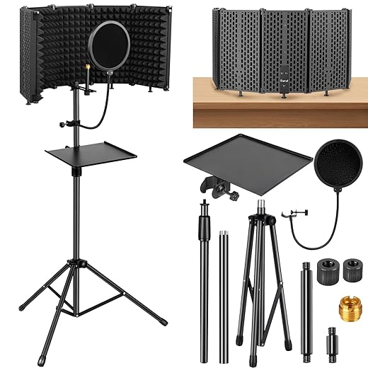 Microphone Stand With Isolation Shield,Recording Studio Equipment With Pop Filter,Tripod Stand, Foldable Mic Shield With Sound Insulation For Recording Studio, Podcasts,Broadcasting