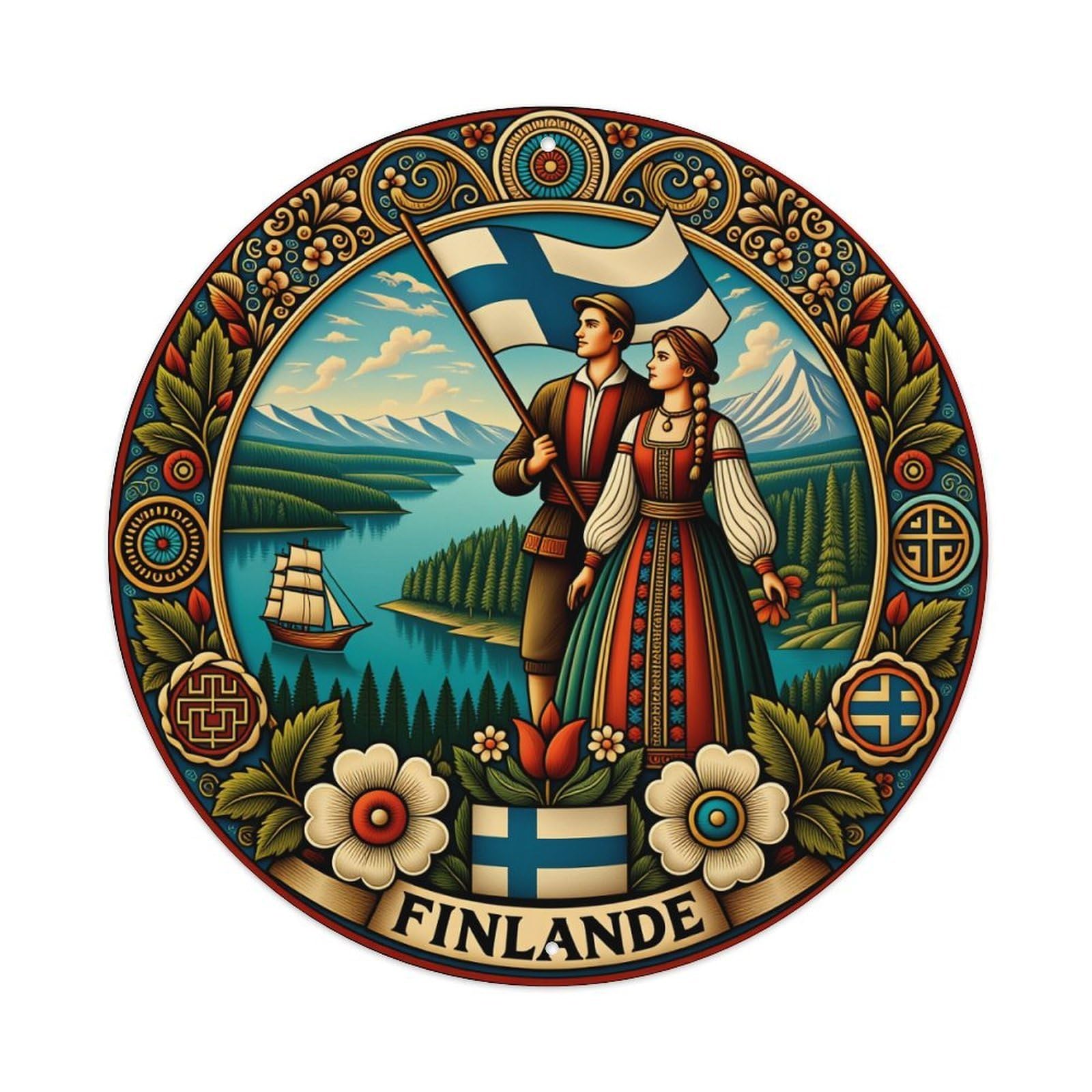 Finnish National Heritage Emblem Design Metal Tin Sign Vintage Garden Bedroom Cafe Bar Man Cave Home Wall Decor Metal Poster 8x8 inches