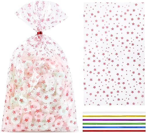 Miniatura 249 de COQOFA 100 bolsas de regalo de estrella rosa de 7 x 12 pulgadas, bolsas de regalo de celofán, bolsas de regalo de fiesta, bolsas de plástico Rosado