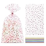 COQOFA 100 Pcs 7X12 Cello Cellophane Gift Treat Bags Party Favor bags Clear Candy Cookie Bags Plastic Poly Goodie Storage Bags with Twist Ties for Wedding Birthday Party Valentines Day Supplies Rose