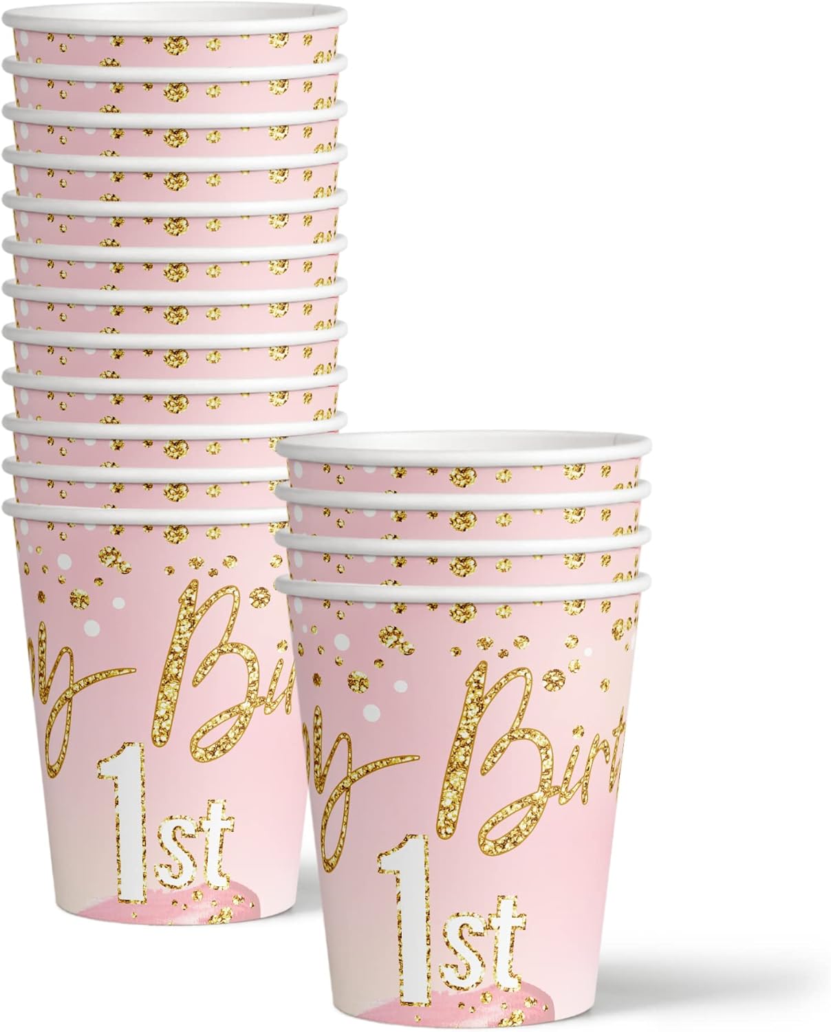 Happy 1st Birthday Pink and Gold Party Supplies - 64 Piece Girls First Birthday Tableware Set Includes Large 9" Dinner Plates and 7" Dessert Paper Plates Napkins Cups - Kit for 16