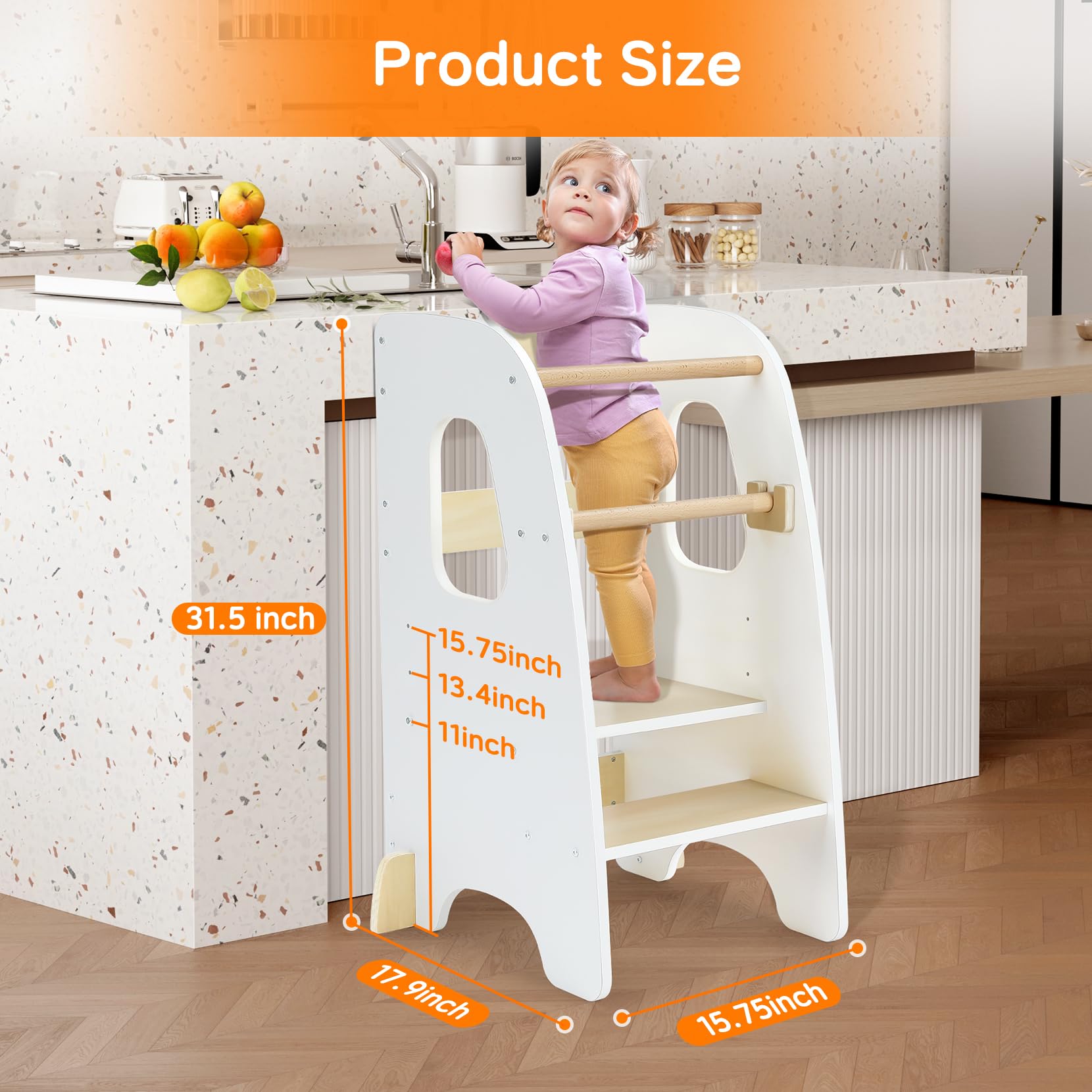 Ezebaby Taburete para niños pequeños, taburete de cocina ajustable, taburete de entrenamiento para niños, para encimera de cocina, fregadero de baño, con riel de seguridad, patas antideslizantes,