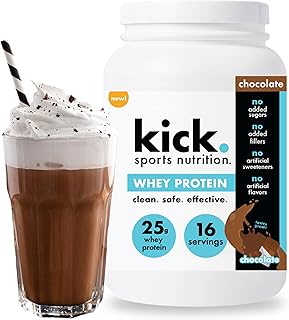Kick Whey Protein en polvo, sabor a chocolate, 0.88 oz de proteína sin gluten, suplemento de entrenamiento con aminoácidos para apoyar objetivos de fitness y salud intestinal, sin azúcar añadida, sin