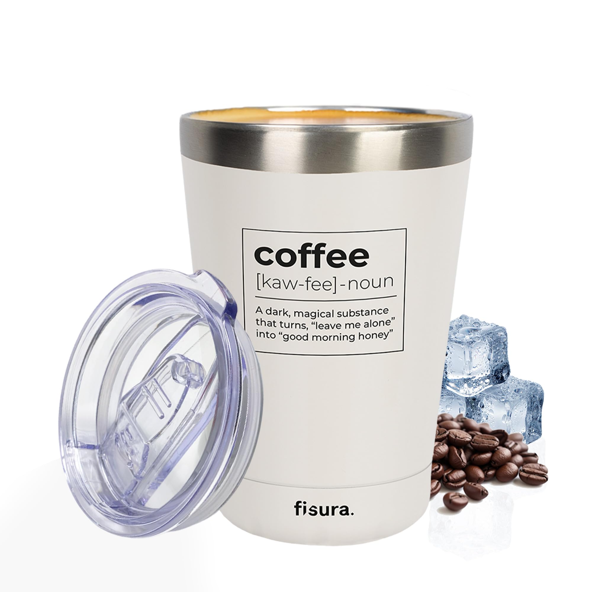Fisura - Original Thermos Flask for hot Drinks, Thermal Coffee Travel Mug Leakproof, 310 of Capacity, Insulated Coffee Mug Made of Stainless Steel, Different Designs (Coffee, White)