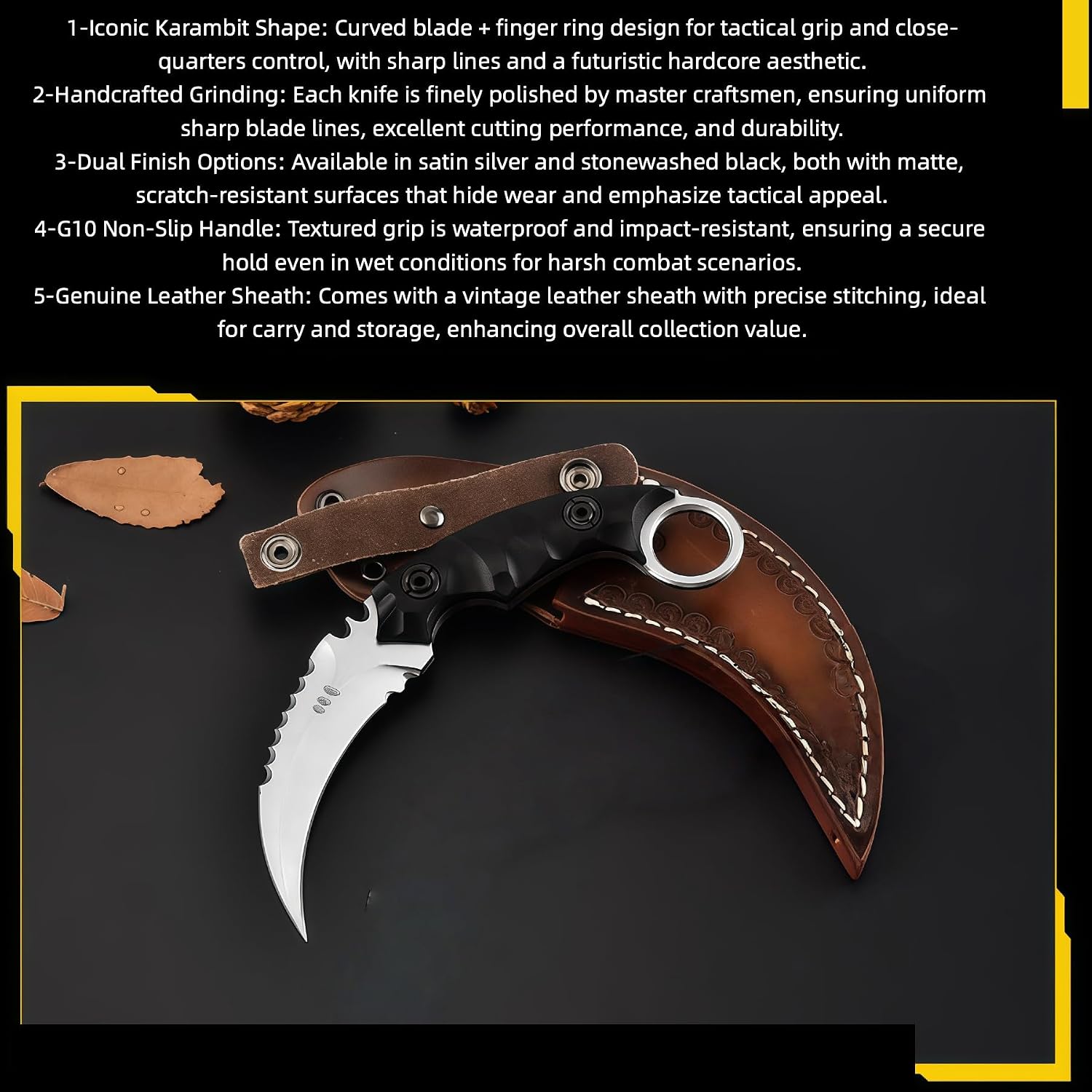 Knives for Men, Hunting Knives & Tools, HRC 60, High-Hardness D2 Steel Blade, G10 Handle, Leather Sheath, Outdoor Knife for Self Defense, Fixed Blade Knife, Gifts for Guys
