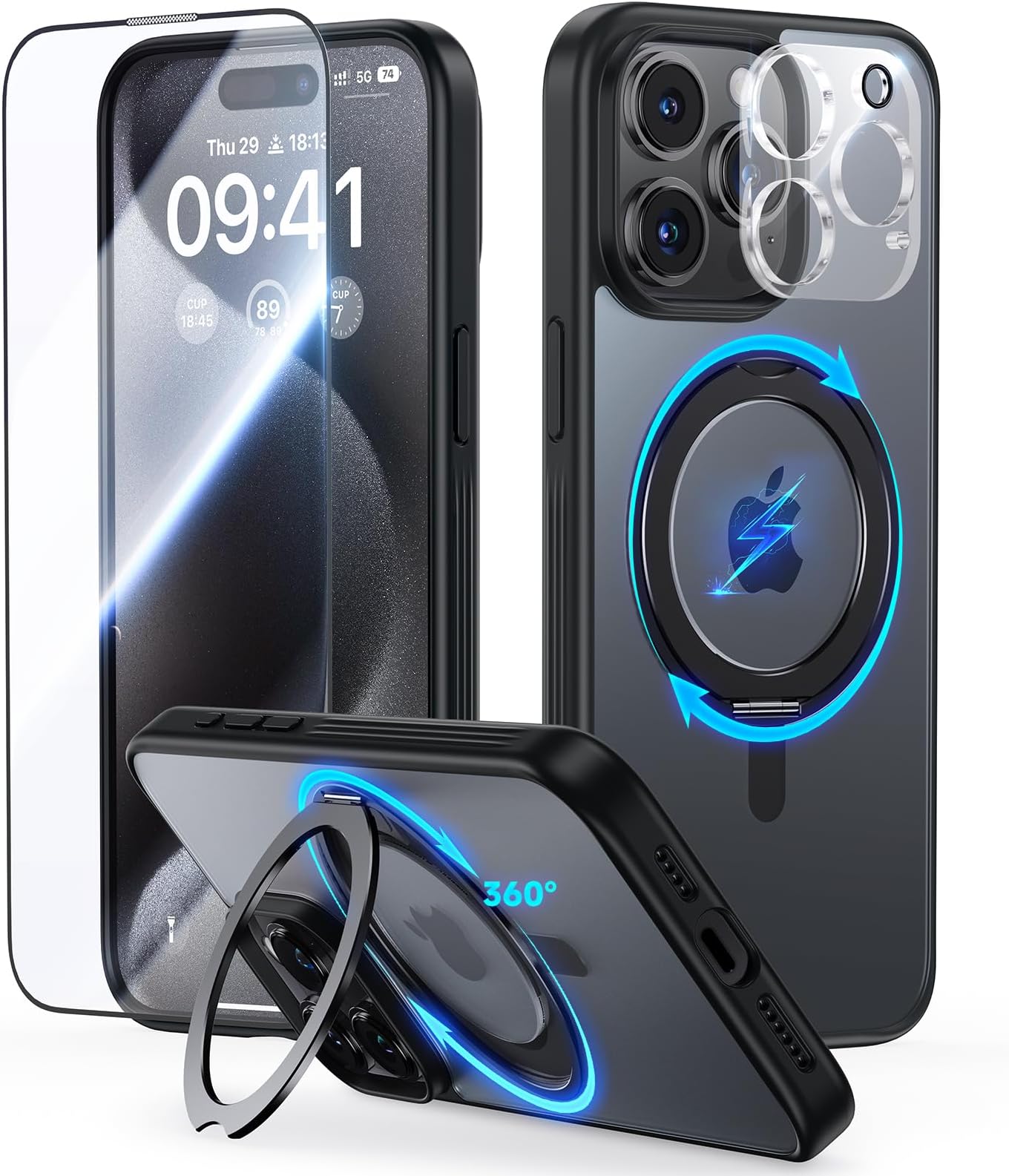 JUESHITUO for iPhone 15 Pro Case: 360°Rotatable Magnetic Ring Stand & Holder with Rotary Damping Sound, Fit for MagSafe, Military Shockproof Sturdy Protective Phone Cover 6.1"- TickStand Series Black