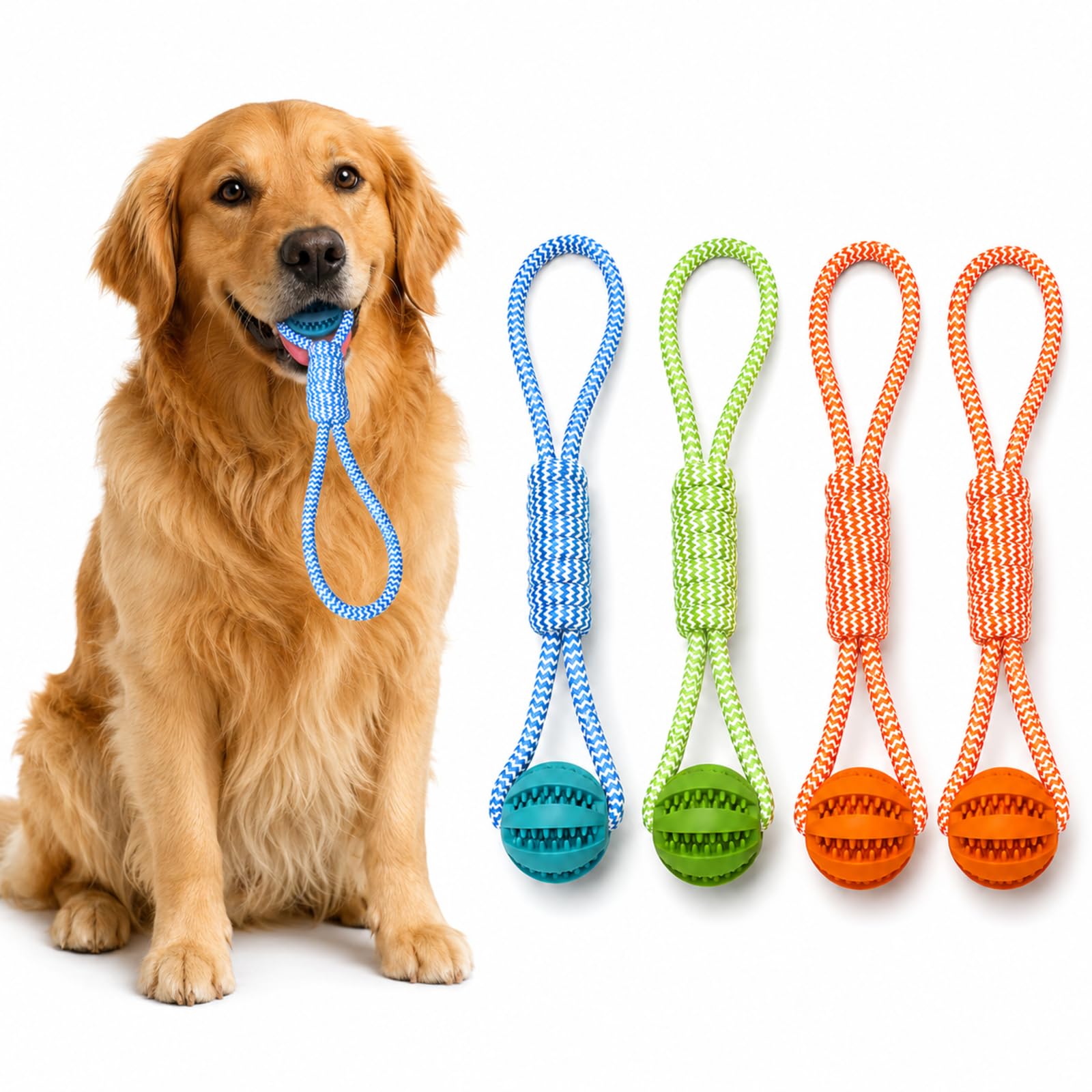 kiwkww 4Pcs Dog Ball on Rope, Ball on a Rope for Dogs, Colourful Rope Balls for Fetch and Tug Games, Blue Green Orange