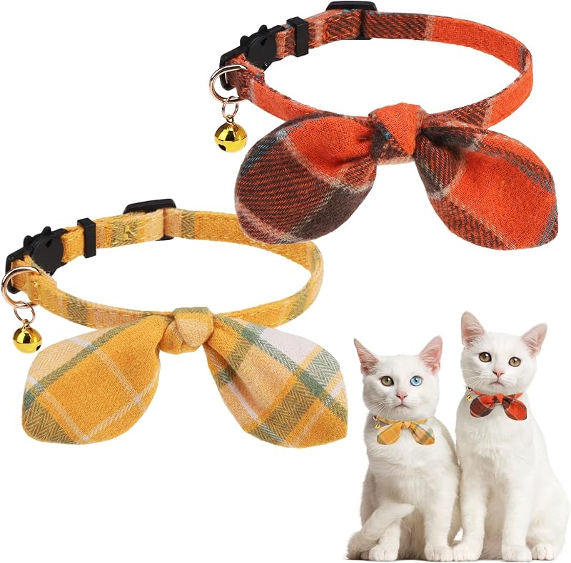 Coleira ajustável para gatos com fivela breakaway, laço e sinos, design xadrez KOOLTAIL, amarelo e laranja, pacote com 2