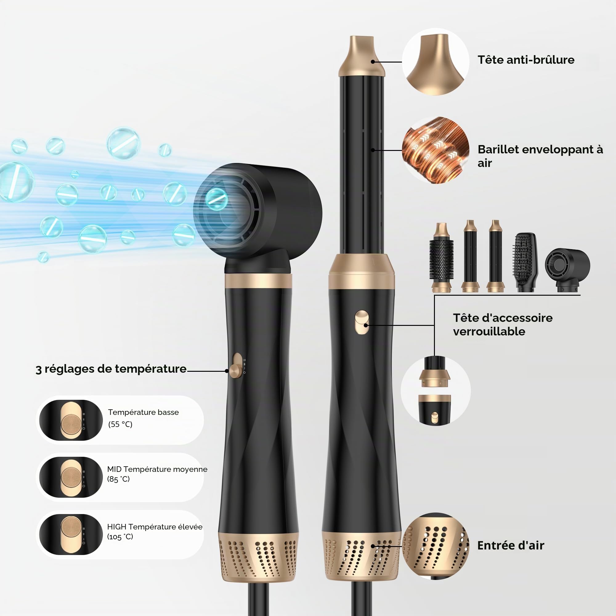 UMIGA Airstyler 5 en 1 Brosse Soufflante Air Styler set Hair Styler Airbrush Fer a Boucler Brossee Soufflante Brosse Lissante Pour Cheveux, Kit de coiffure Pour Sécher