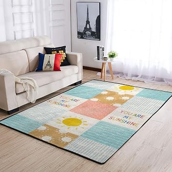 Colorful Boho Sun Area Rugs Cute Sunshine Stripes Throw Carpet Runner Letters Quote Floor Mats for Kids Toddler Nursery Bedroom Playroom Classroom Living Room Bathroom Kitchen Home Decor 20x32inch