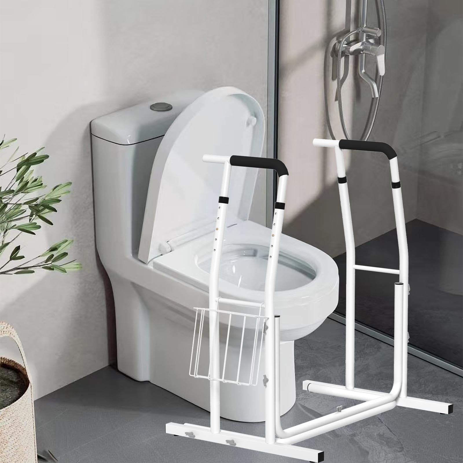 AUFUN Mobile WC-Aufstehhilfe Toiletten mit Ablagekorb - rutschfest höhenverstellbar Toilettenstützgestell - Toiletten Halteschiene 790 x 550 x 680-780mm,weiß