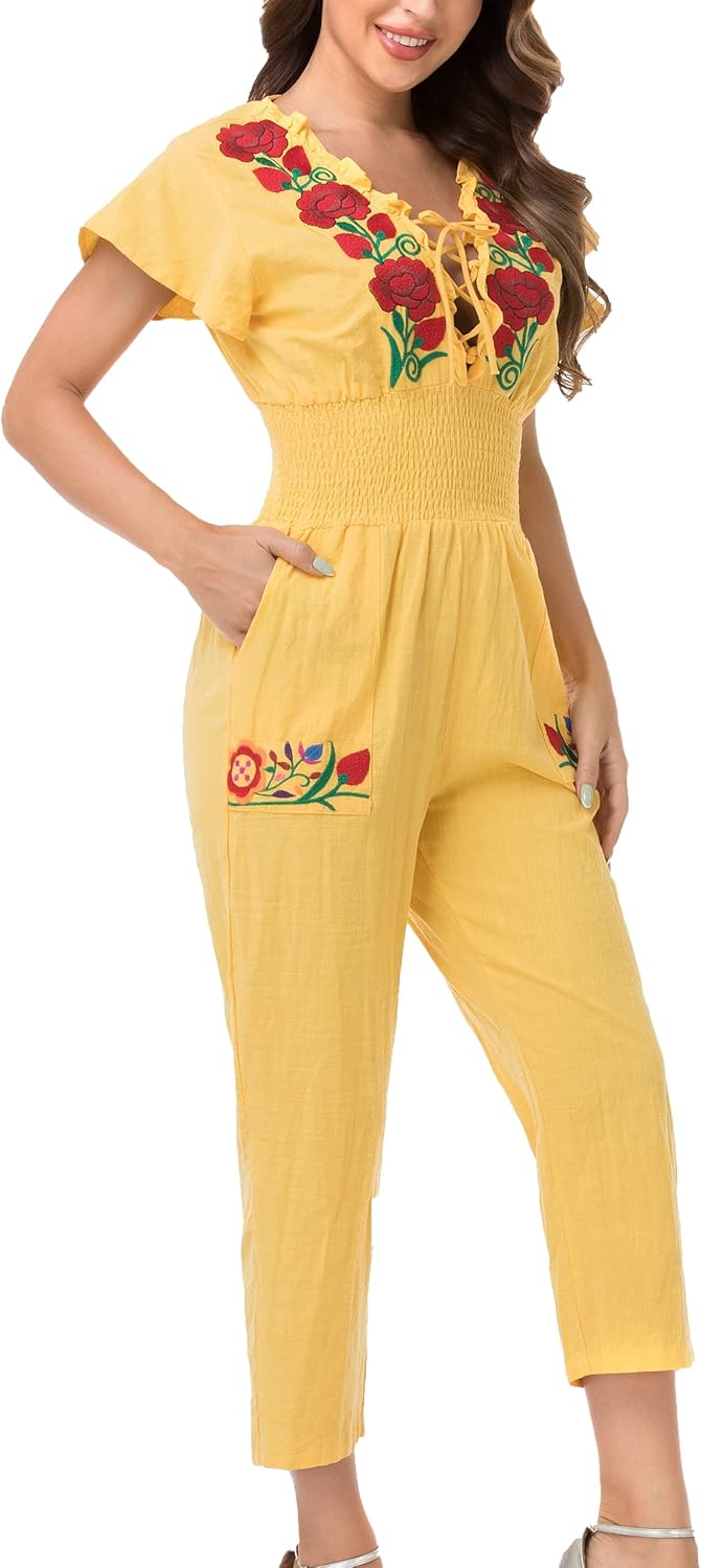 YZXDORWJ Women's Mexican Floral Embroidered Jumpsuits Casual Lace Short Sleeves Pants with Two Pockets - Image 5