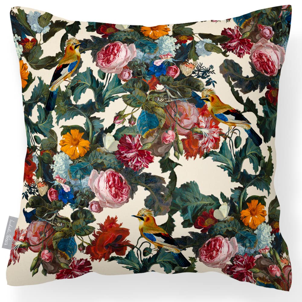 Izabela Peters Ivory Cream Outdoor Cushions Waterproof, 43 Cm, Filled Outdoor Cushion, Birds In Paradise- Garden Furniture Cushions, Outdoor Seat Cushions, Garden Chair Cushions