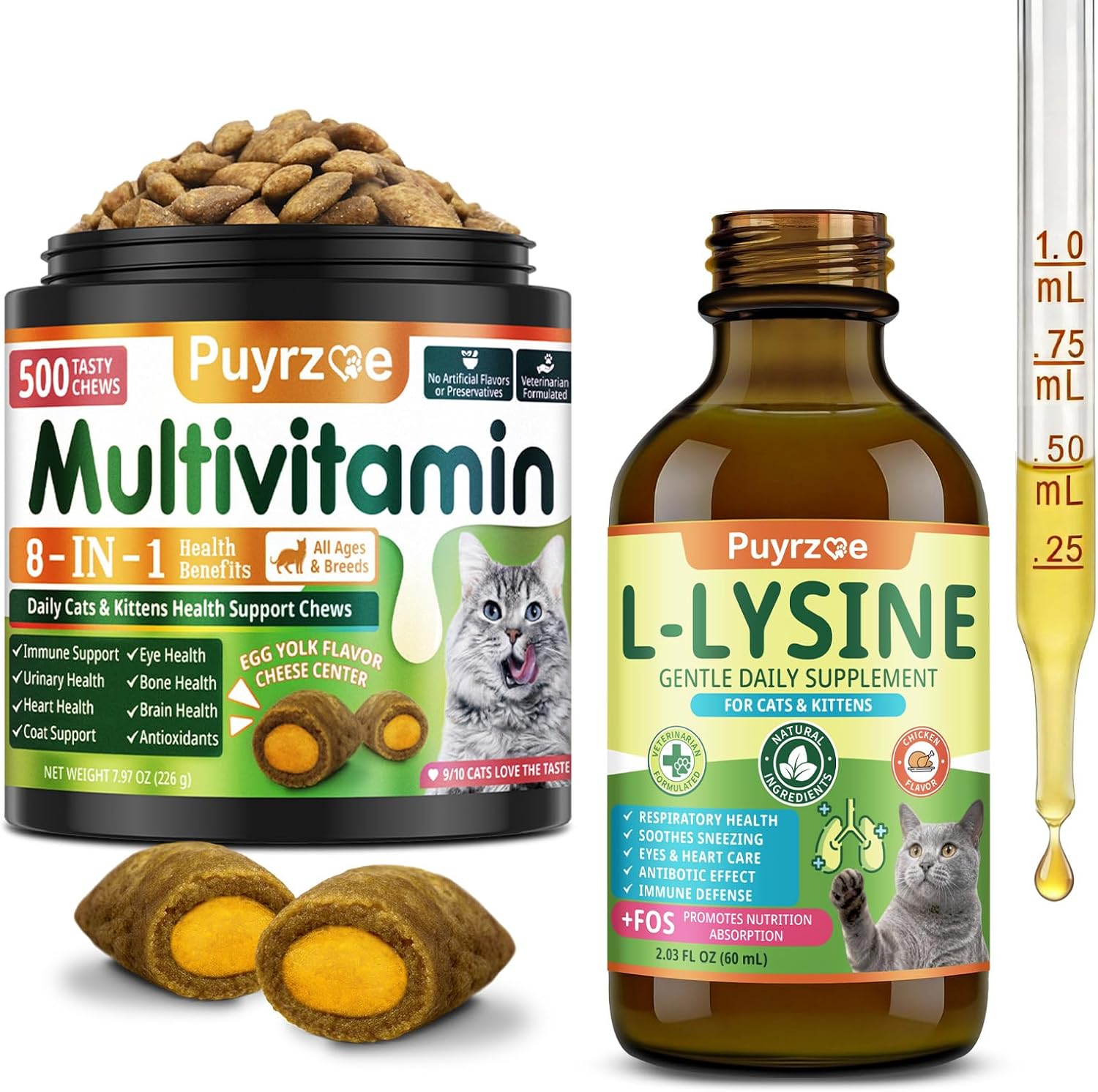 Lysine for Cats Drops + Cat Vitamins Chews – Respiratory & Immune Support + 8-in-1 Daily Nutrition – Liquid Lysine 60ml + 500 Multivitamin Chews with Taurine, Vitamins & Minerals