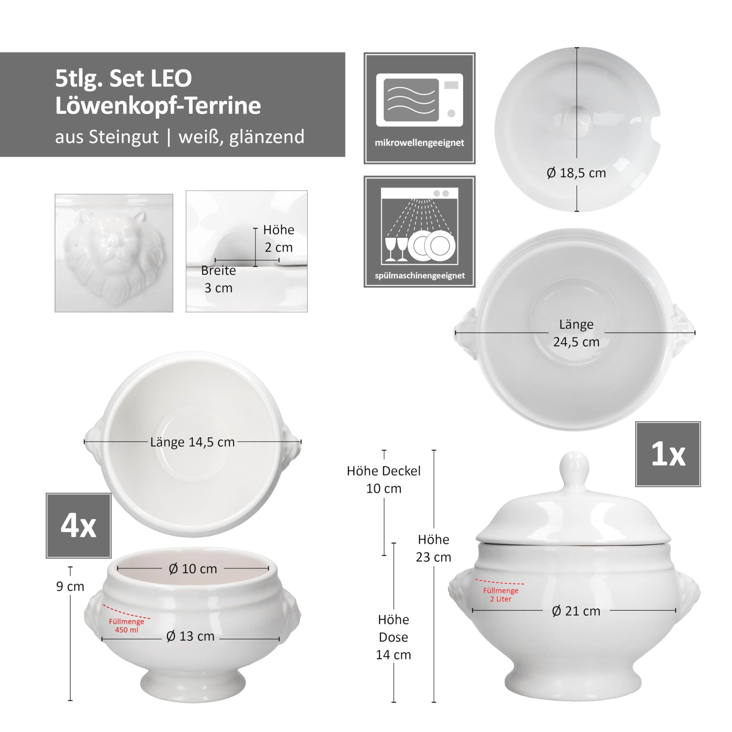 MamboCat 5tlg. Set LEO Löwenkopfterrine mit & ohne Deckel I 4x 0,45L & 1x 2 Liter I weiße Suppenschüssel mit Löwenköpfen für Suppe & Eintöpfe