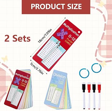2 PCS Multiplication Time Tables Flash Cards, 0-12 Times Table Math Flash Cards with 4 Dry Erase Pens, Math Practice Cards with Black and Red Pens for Classroom Learning