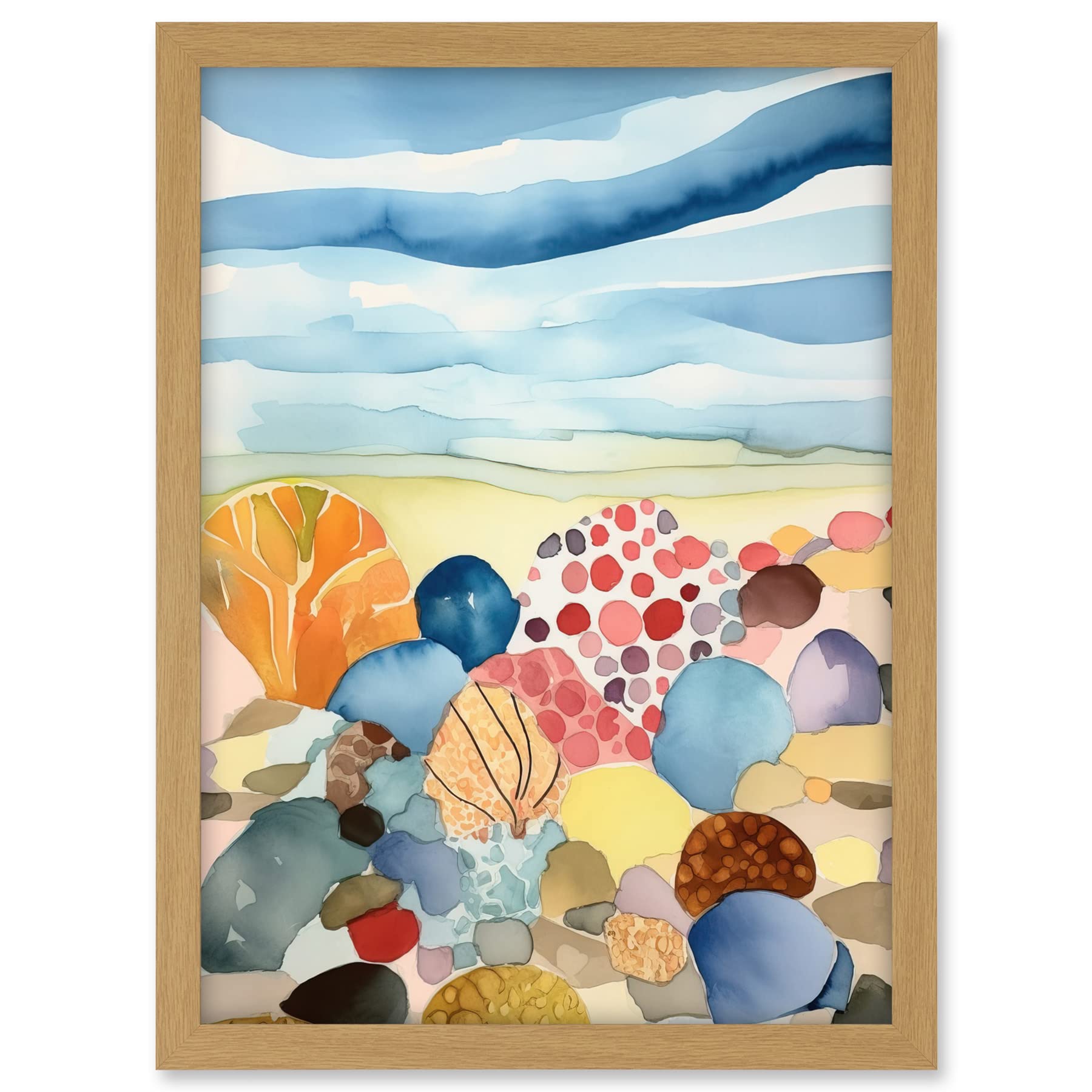 Artery8 Seaside Beachcombing Colourful Seashells And Beach Pebbles Watercolour Painting Artwork Framed A3 Wall Art Print