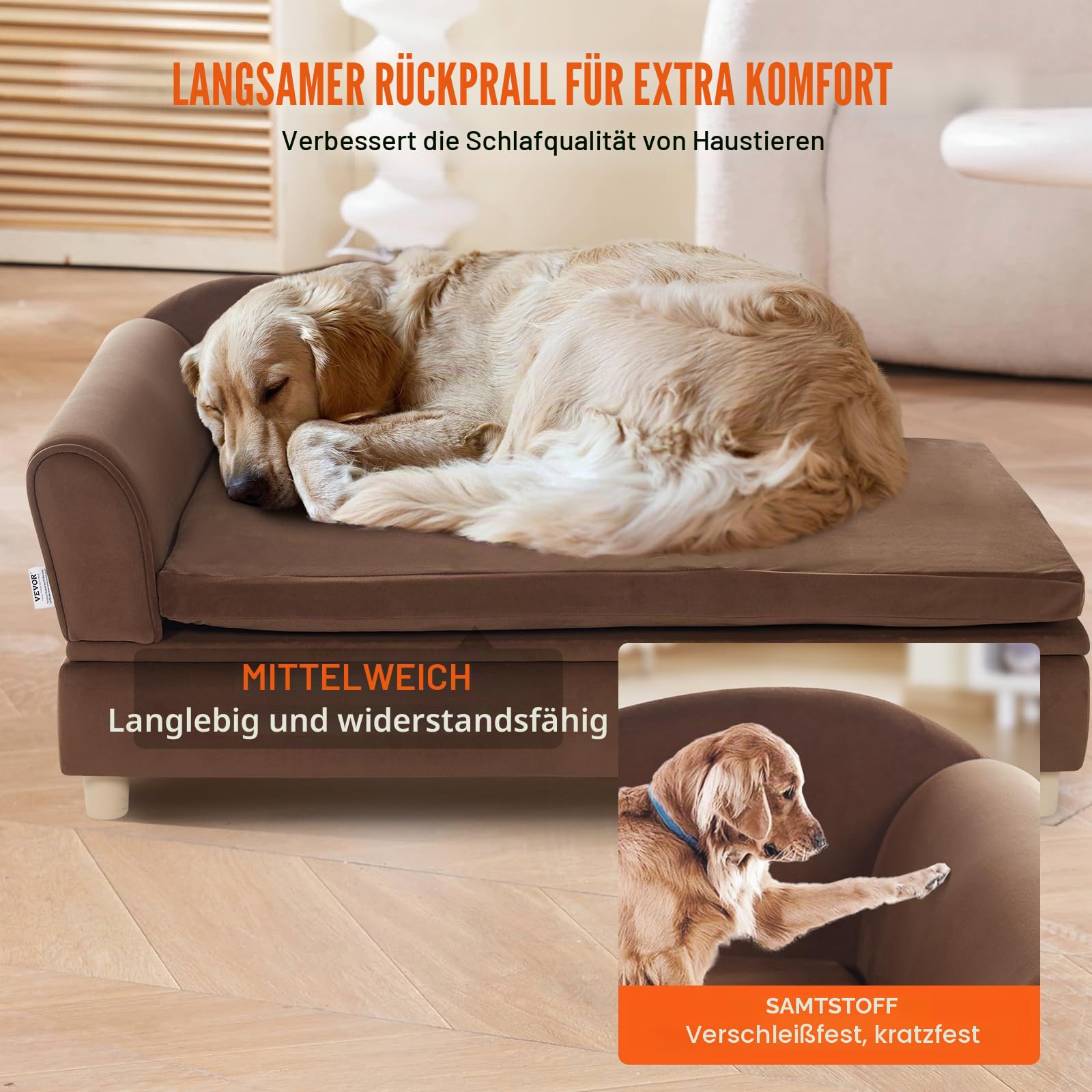 VEVOR Haustiersofa, Hundecouch für große Hunde und Katzen, weiches, samtiges Hundesofabett, 50 kg belastbares Katzensofa, Hundebett Haustierbett Dunkelbraun