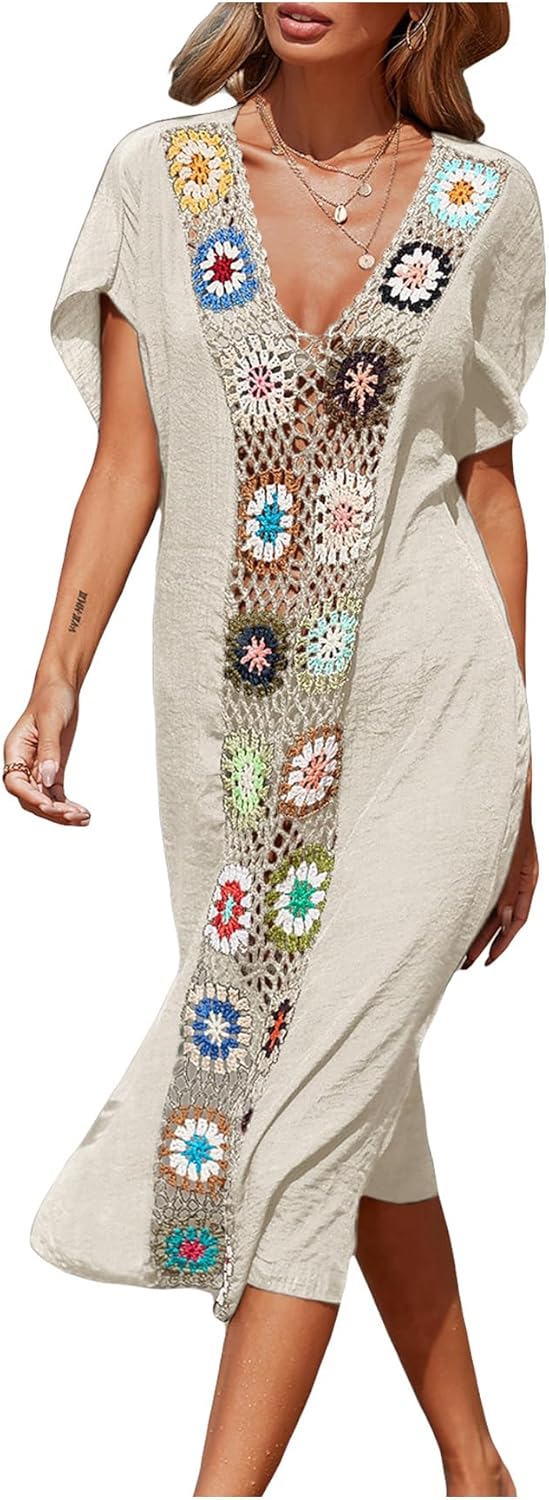Verdusa Women’s Floral Crochet Short Sleeve Coverup Side Split Beach Cover Up Dress