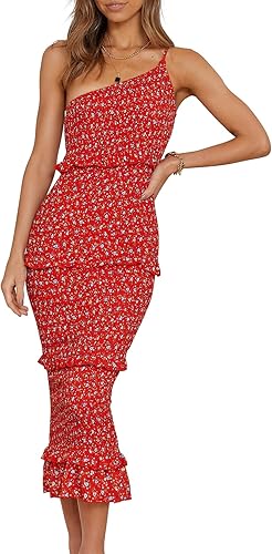 Miniatura 6 de PRETTYGARDEN Vestido midi de verano para mujer con un hombro descubierto tirantes y volantes floral bohemio para el sol