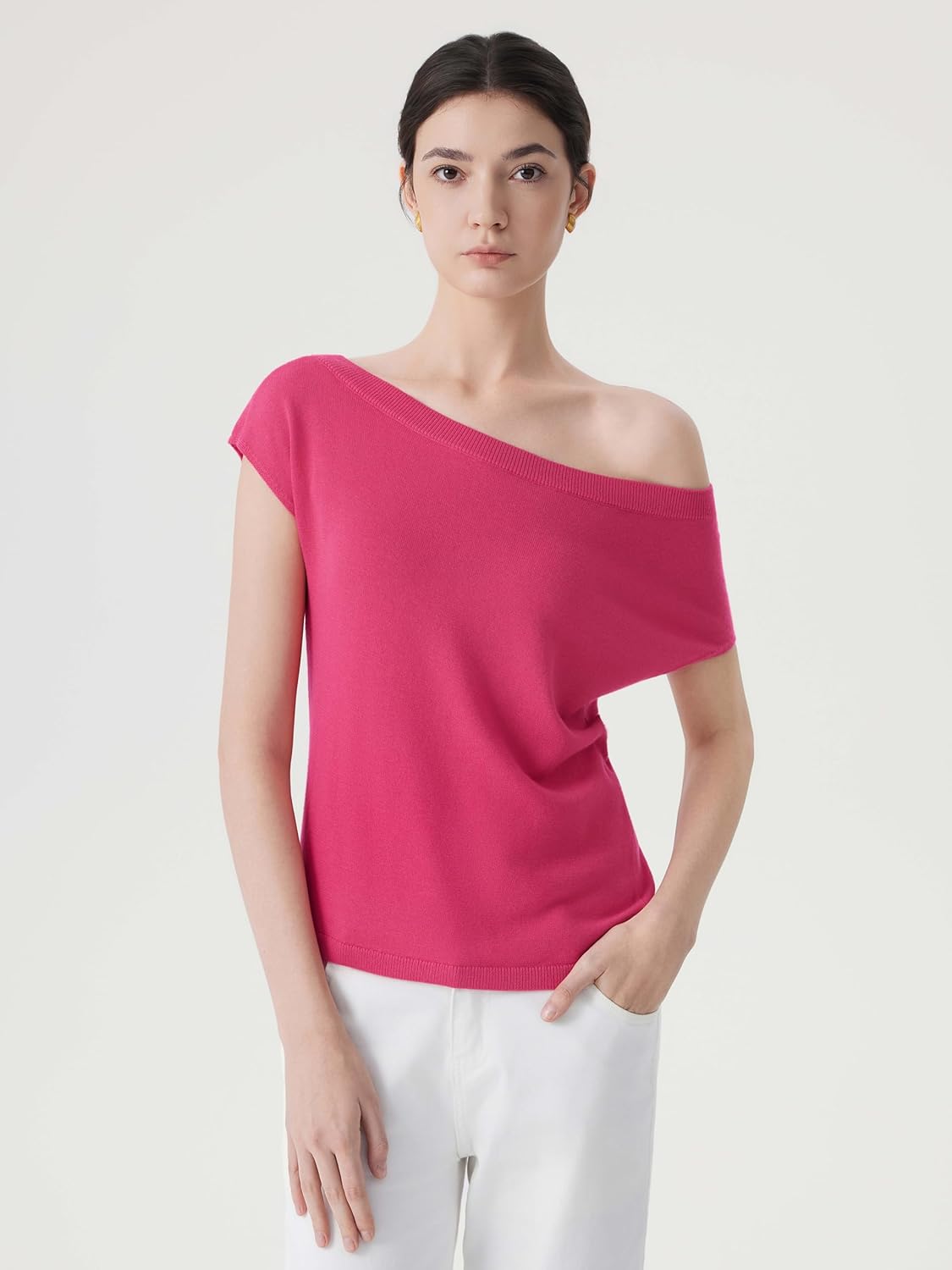 SUUKSESS Women Silk Cashmere Blend Off The Shoulder Tops Summer Lightweight Knit Trendy Sweaters Loose Fit Shirts - Image 2