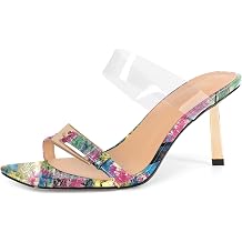 SAMMITOP Womens Heeled Sandals Strappy Square Toe Mules Gold Buckle Stiletto High Heels Clear Strap Slip On Summer Dress Shoes 3.5 Inches
