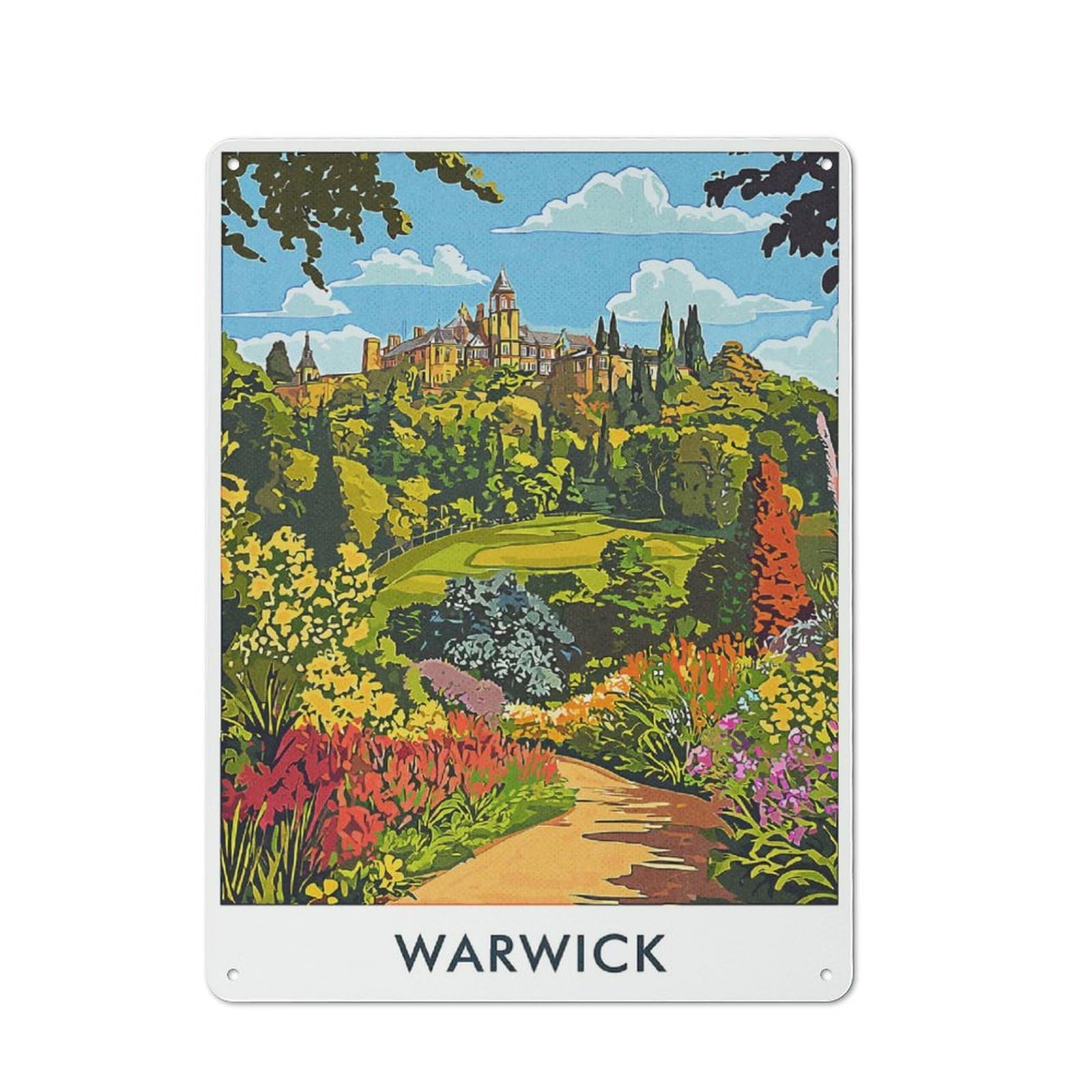 Warwick Castle Garden Warehouse Style Metal Wall Decor 40x30cm, Metal Wall Sign for Workspace, Cafe, Hallway Or Garage